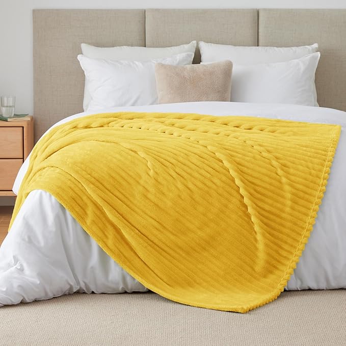 BEDELITE Fleece Throw Blanket for Couch - 300GSM Soft & Warm Fluffy Yellow Blanket, Decorative and Giftable Striped Blankets for Women, Men, 50"x60"