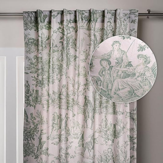 Maison d' Hermine Curtains for living room 100% Cotton 124 inch length One Panel Light Filtering Toile Curtains for Bedroom Windows with rod and loop Pockets (The Miller Antique Green, 50"W x 124"L)