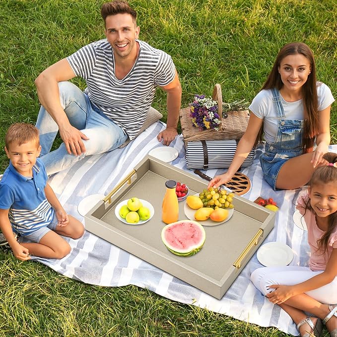 Champagne Faux Leather Serving Tray with Handles,20x14 inches, Large Decorative Tray for Ottoman Coffee Table Decor Living Room, Kitchen, Bathroom