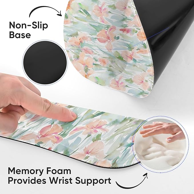 Ergonomic Keyboard Mouse Pad Wrist Rest Support Set for Laptop/Computer/Desktop,Memory Foam Hand Rest Wrist Cushion for Gaming/Office,Lightweight Comfortable & Pain Relief (Watercolor Flowers)