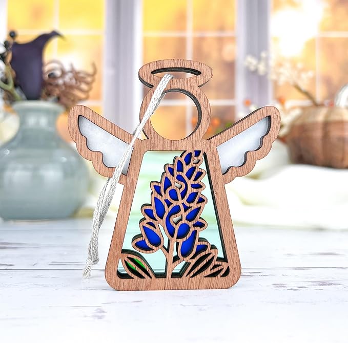 3.5" (H) Texas Bluebonnet Ornament - Angel Wings Shelf Decor - Sentimental Gift for Mom - Unique Texan Decorations