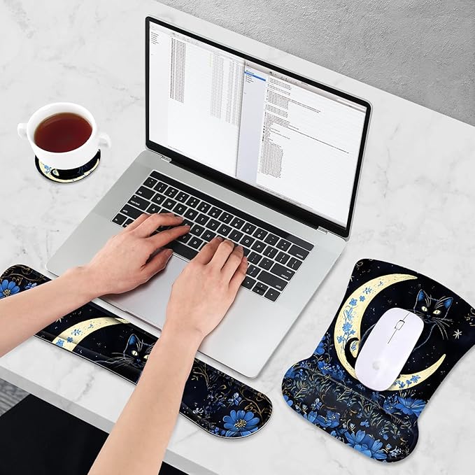 AIMSA Mouse Pad with Wrist Rest Set, Black Cat Wrist Support Mouse Pad Set, Ergonomic Mousepad with Anti-Slip Base, Memory Foam Keyboard Wrist Rest Cushion Pad