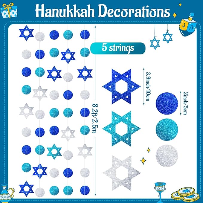 MARFOREVER Hanukkah Decorations Hanging Swirls 5 PCS 41 Ft Chanukah Decorations Glitter Blue White Star of David Streamers Hanukkah Garland for Jewish Party Home Wall Ceiling Decor