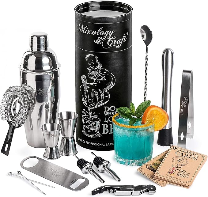 Mixology & Craft Bartender Kit: 14-Piece Cocktail Shaker Set - Bar Tool Set for Home and Professional Bartending - Martini Shaker Set with Drink Mixing Bar Tools - Exclusive Cocktail Recipes Bonus