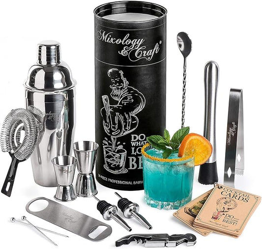 Mixology & Craft Bartender Kit: 14-Piece Cocktail Shaker Set - Bar Tool Set for Home and Professional Bartending - Martini Shaker Set with Drink Mixing Bar Tools - Exclusive Cocktail Recipes Bonus