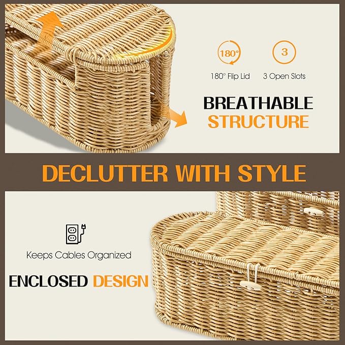 FairyHaus Cable Management Box 2Pack Caramel, Handwoven Large and Small Cable Organizer Box Cover to Hide Cords and Power Strip, Imitation Wicker Cord Organizer Box Hider for Office Desk and Floor