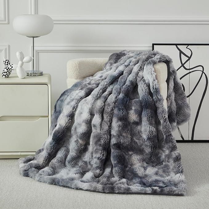 Faux Fur Throw Blanket for Couch Cozy Fuzzy Soft Plush Thick Fluffy Fleece Bubble Blanket for Sofa Bedroom Living Room, 63x79 Inches Tie-Dye Grey