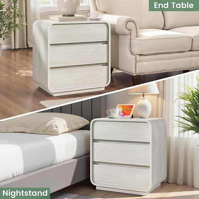 White Nightstand Set of 2 with Charging Station, 23.2" Wide Wood Bedside Table, Modern End Table with 3 Storage Drawers, Curved Profile, Mid Century Night Stand for Bedroom Dorm Office