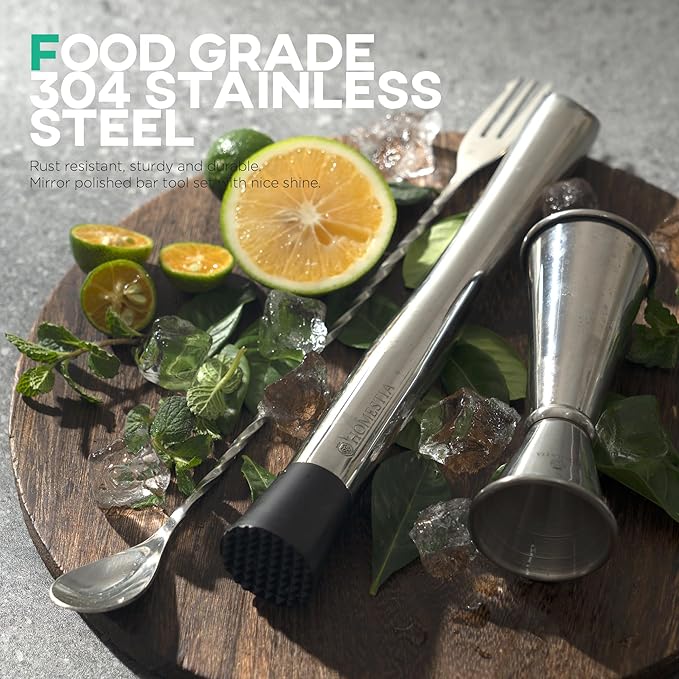 Homestia 3 Pcs Muddler for Cocktails Set, 10'' Muddler, 12'' Cocktail Spoon & 1 OZ/2 OZ Double Jigger Mixing Tool Set, Stainless Steel Silver Bar Tool Set for Beverages Drinks Mixing Home Bar