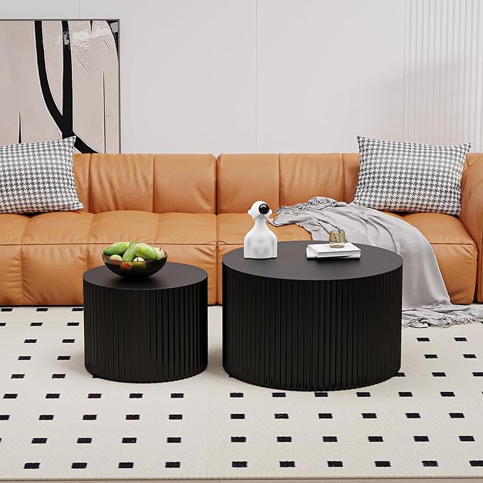 Round Nesting Coffee Table Wood Drum Nesting Tables Modern Stacking Coffee Table Set of 2 Fluted Center Table End Table for Living Room Home Office Small Spaces, No Assembling (Black Large)