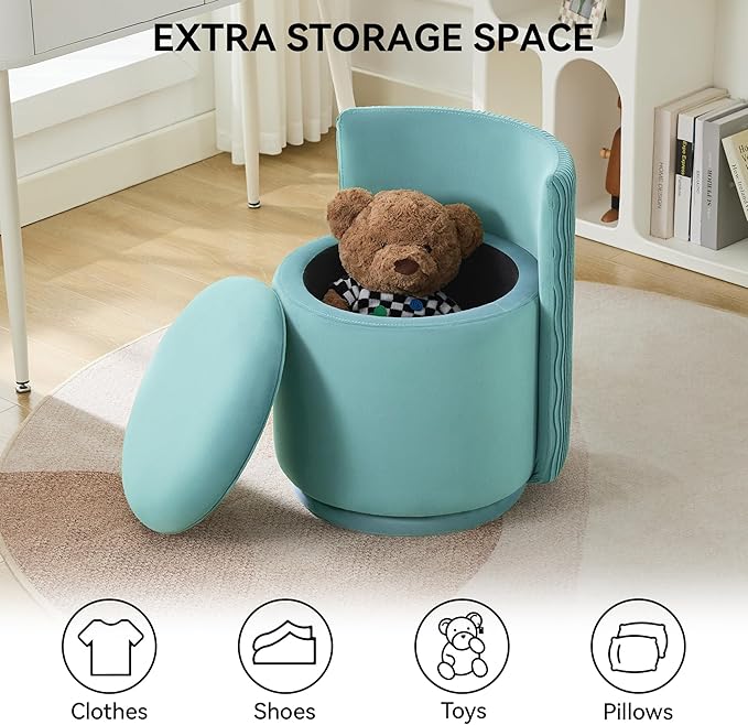 Velvet Vanity Chair with Storage, 360° Swivel Makeup Chair with Wave Back, No Assembly Small Accent Stool for Bedroom, Dressing, Living Room, Teal