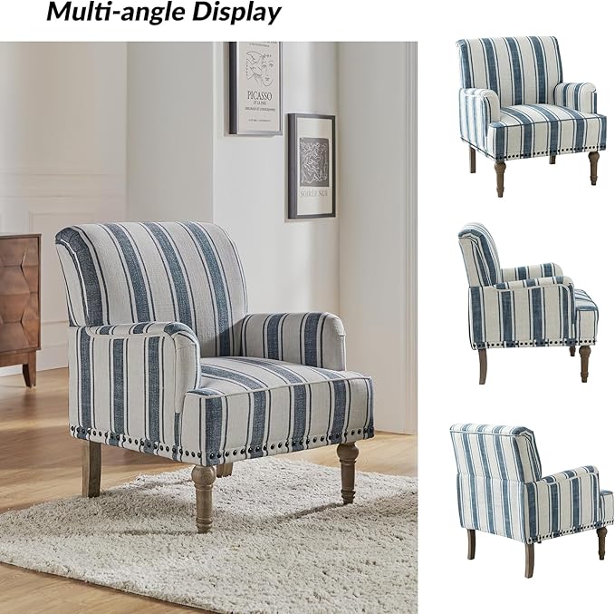 HULALA HOME Modern Armchair with Wooden Legs & Nailhead Trim, Comfy Upholstered Accent Chair for Living Room Bedroom Office(Stripe Pattern, Navy)