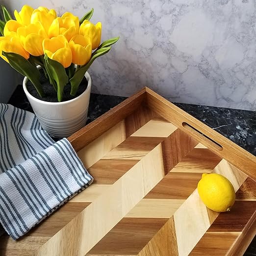 Lipper International 1265 Acacia Herringbone Serving Tray with Handle Cutouts for Meals or Organizing, 19 3/4" x 13 3/4" x 2 1/4"