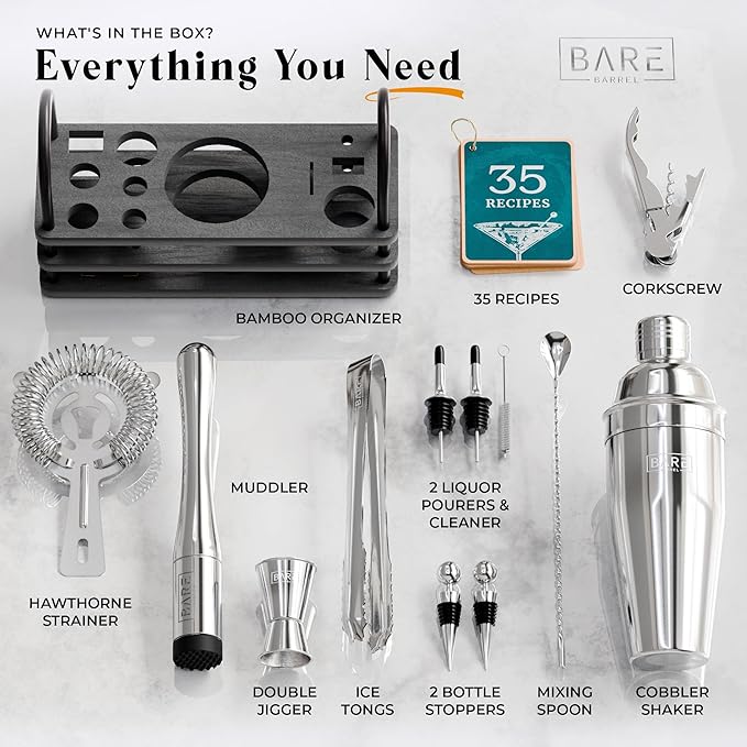 BARE BARREL® Mixology Bartender Kit Bar Set | 14-Piece Cocktail Shaker Set | Martini Barware Mixing Tools for Home Bartending | 35 Recipe Cards | Gift Set (24oz Cobbler Shaker, Silver/Black)