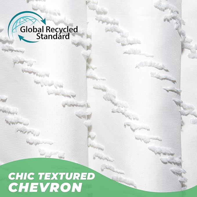 Extra Long Shower Curtains 72 x 84 Inches White Tufted Chevron Striped Fabric Shower Curtains for Bathroom Modern Shabby Chic Waterproof Cloth Shower Curtain, White