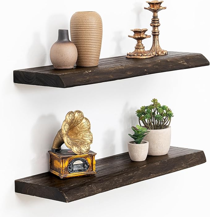 Floating Shelves, 8" Deep Rustic Solid Wood Wall Mounted Floating Shelves, Wall Shelves with Invisible Bracket for Living Room Bathroom Bedroom Kitchen, 24 Inch Set of 2, Walnut