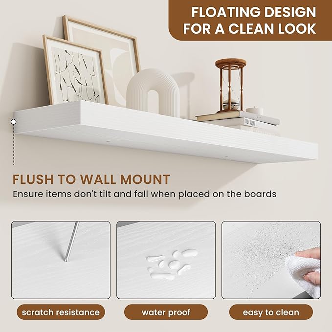 fuqing Floating Shelves for Wall, Bathroom Shelf Wall Mounted for Storage, Shelves with Invisible Bracket for Bedroom, Kitchen, Living Room, Farmhouse Small Book Shelf, 36 Inch Set of 2, White