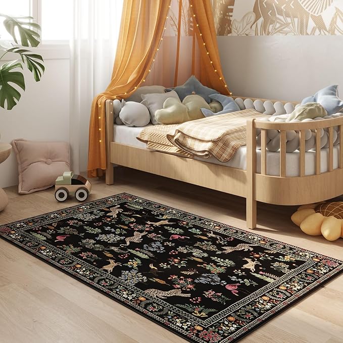 Rugcomf Bedroom Rug 3x5 Rug Washable Area Rug Non Slip Low Pile Boho Floral Animal Small Carpet for Bedroom, Bedside, Kitchen, Entryway, Kids Room, Office, College Dorm Essentials for Girls (Black)
