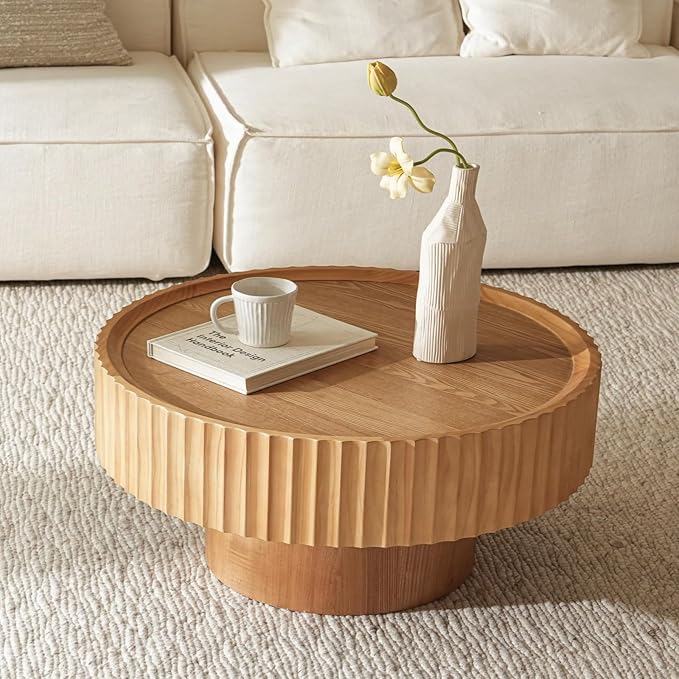 Round Coffee Table, Modern Living Room Tables with Mushroom Shape and Grooved Design, Large Coffee Tables, Circle Pinewood Center Table for Living Room (Nature Wood, 30.3''L×13.7''H)