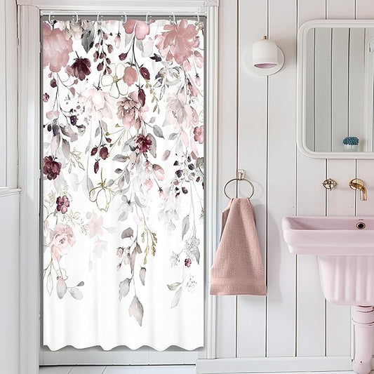 Small Stall Floral Flower Shower Curtain 36Wx72L Inch RV Narrow Grey Pink Floral Eucalyptus Leaves Watercolor Wildflower Plant Bathroom Set Rustic Bath Curtain Bathtub Accessories Home Decor