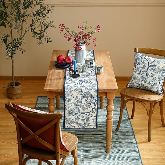 ISAENNE Designer Chinoiserie Elegant Linen Table Runner 87 Inches Long,Blue Floral Pattern Decor Table Runners for Thanksgiving,Dining Room,Banquet,Kitchen Tables,Christmas,12"*87"-Ruyi B
