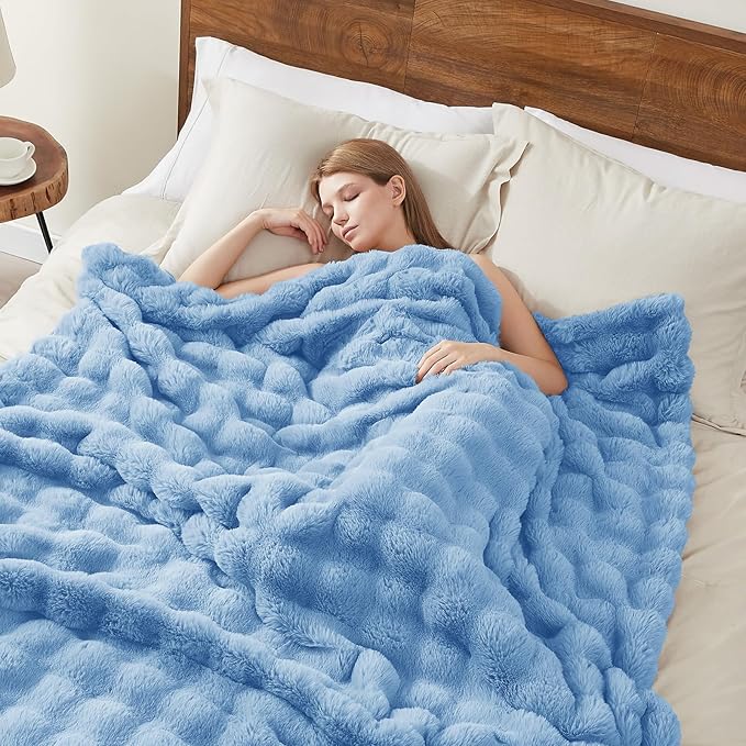 L'AGRATY Faux Fur Throw Blanket: 50" x 60" Luxury Soft Fluffy Rabbit Fur Blankets Twin for Couch Bed Sofa - Cozy Plush Bubble Blankets for Winter: Flannel Fleece Decorative Blanket(Airy Blue)