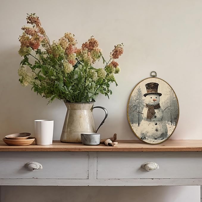 QZQE Vintage Christmas Snowman Oval Wall Art Decor Framed, Winter Christmas Oval Canvas Prints, Rustic Farmhouse Winter Xmas Snowman Wall Hanging Decor for Home Bedroom Living Room, 8.6x11.4 Inch