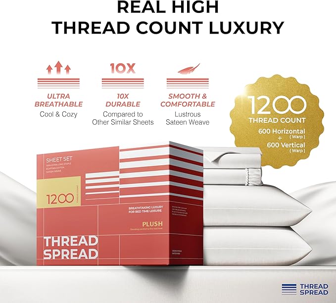 THREAD SPREAD 100% Egyptian Cotton Queen Sheets Set - 1200 Thread Count Luxury Egyptian Cotton Sheets Queen Size Deep Pocket (4 PC, Bright White), Soft, Cooling, Sateen Weave