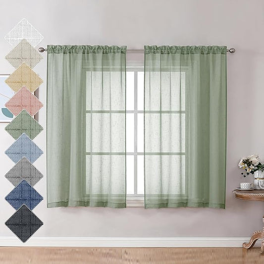 Aiyufeng Faux Sage Green Sheer Curtains 54 Inch Length 2 Panel Set, Fresh Farmhouse 54 Inch Long Sheer Linen Look Airy & Lightweight Elegant Window Treatments for Bedroom/Kitchen, 30Wx54L inch