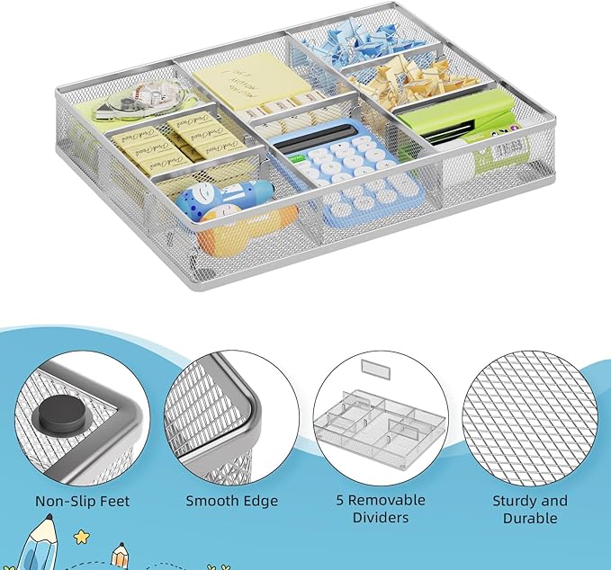 Marbrasse Desk Drawer Organizer, Metal Mesh Drawer Organizer Tray with 5 Adjustable Compartments,Desk Organizers and Accessories for Home,Office,Kitchen,Makeup,Vanity (Silver)