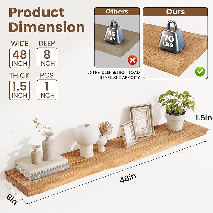 Floating Shelves, 8" Deep Rustic Solid Wood Wall Mounted Floating Shelves, Wall Shelves with Invisible Bracket for Living Room Bathroom Bedroom Kitchen, 48 Inch, Natural