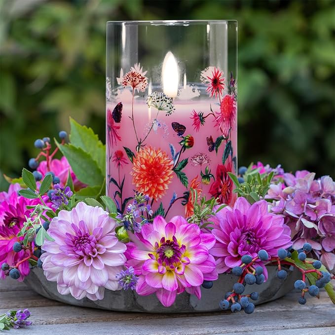 Pink Floral Glass Flameless Candles with Remote, Flickering Real Wax LED Pillar Candles Set of 3