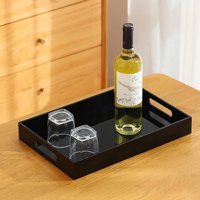 Black Oversize Acrylic Serving Tray with Handles 10x15 Inch -Spill Proof- Decorative Trays Countertop Organizer for Ottoman,Nightstand, Sidetable, Butler (10X15 Inch, Black)