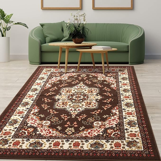 Antep Rugs Alfombras Oriental Traditional 8x10 Non-Skid (Non-Slip) Low Profile Pile Rubber Backing Indoor Area Rugs (Brown, 7'10" x 10')
