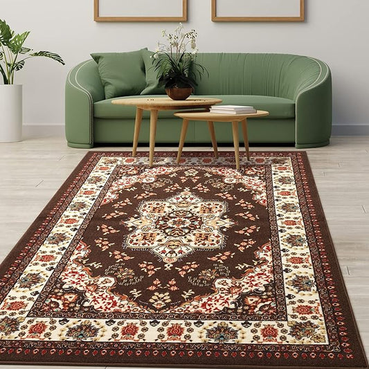 Antep Rugs Alfombras Oriental Traditional 8x10 Non-Skid (Non-Slip) Low Profile Pile Rubber Backing Indoor Area Rugs (Brown, 7'10" x 10')