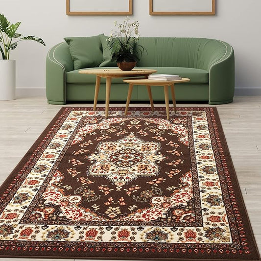 Antep Rugs Alfombras Oriental Traditional 4x6 Non-Skid (Non-Slip) Low Profile Pile Rubber Backing Indoor Area Rugs (Brown, 4' x 5'8")