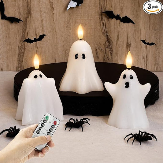 Halloween Flameless Candles with Remote, Real Wax Ghost LED Candles, Flickering Battery Operated Fake Candle, Halloween Decorations for Table,Fireplace, Home, Party, Festival Decor (Set of 3)
