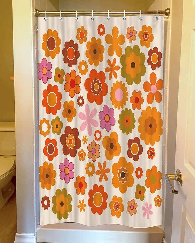 Retro Flowers Camper RV Shower Curtain for Travel Trailer Bathroom, Groovy 70s Funky Boho Camping Small Shorter Fabric Shower Curtains Set, Happy Camp Outdoor Decor Accessories with Hooks 47X64 inch