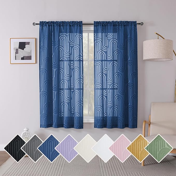 Simplebrand Dusty Blue Sheer Curtains, 42"W x 63"L (Pack of 2), Mid-Century Modern, Geometric Pattern, Living Room, Window Treatment Panels