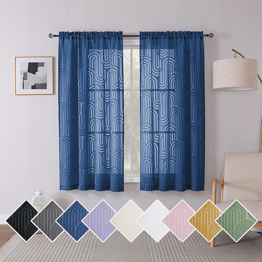 Simplebrand Dusty Blue Sheer Curtains, 42"W x 63"L (Pack of 2), Mid-Century Modern, Geometric Pattern, Living Room, Window Treatment Panels