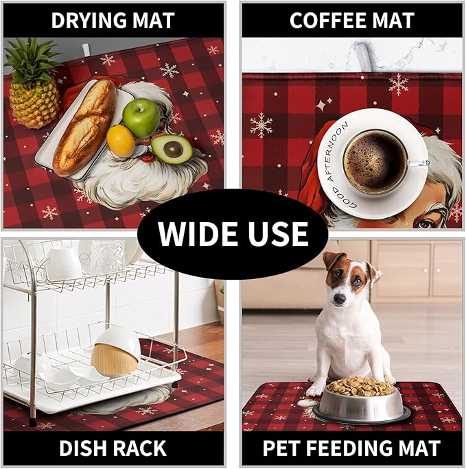 Santa Claus Christmas Dish Drying Mat Xmas Red and Black Buffalo Plaid Snowflake Drying Mats Winter Holiday Dishes Drying Pad Microfiber Absorbent Dish Drainer Rack Mat 18x24 Inch