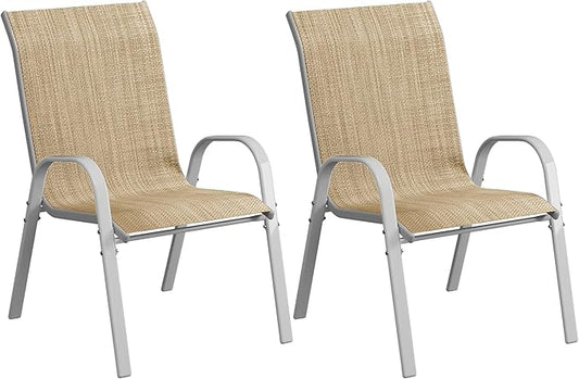 Amopatio Patio Chairs Set of 2, Stackable Outdoor Dining Chairs for All Weather, Silver Outdoor Chair Garden Furniture for Backyard Deck, Beige