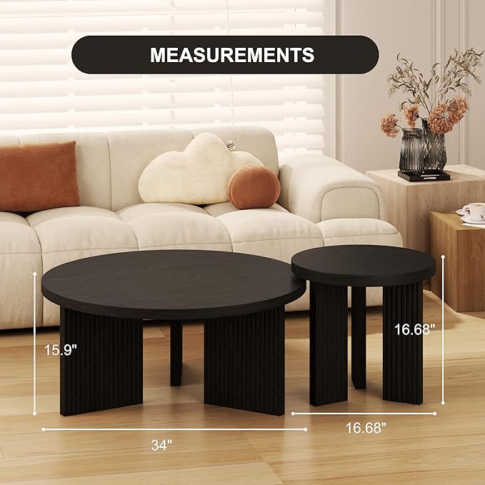 Nesting Coffee Table Set of 2, Modern Wooden Coffee Table with Smooth Thick Design, Circle Tea Table and End Table Set, Accent Center Tables for Living Room, Office, Black