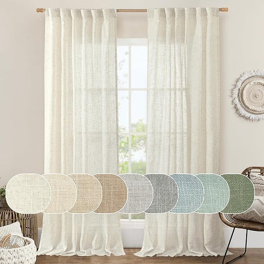 LAMIT 108 inch Linen Curtains for Living Room, Back Tab and Rod Pocket Cream Ivory Extra Long Curtains Light Filtering Neutral Drapes for Large Window, 2 Panels,52 x 108 Inch, 9FT, Natural