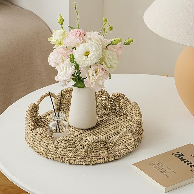 Wicker Tray, Handwoven Woven Tray with Handles and Scalloped Edge, Round Wicker Basket for Home Decor and Organizing, 13" L x 13" W x 3.5" H