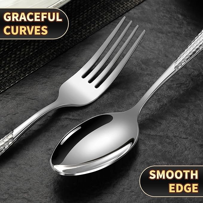 Lemeya 20-Piece Hammered Silverware Set for 4 with Serrated Forging Knives,18/10 Stainless Steel Modern Flatware Set,Unique Cutlery Set Spoons and Forks Set,Mirror Polished,Dishwasher Safe