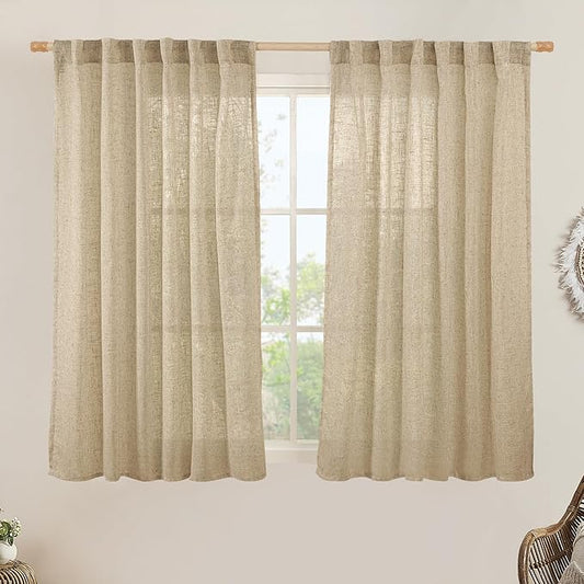 LAMIT Brown Linen Curtains 45 Inches Long 2 Panels, Light Filtering Panels Back Tab and Rod Pocket Neutral Drapes for Kitchen/Window/Bedroom, 52 x 45 Inch