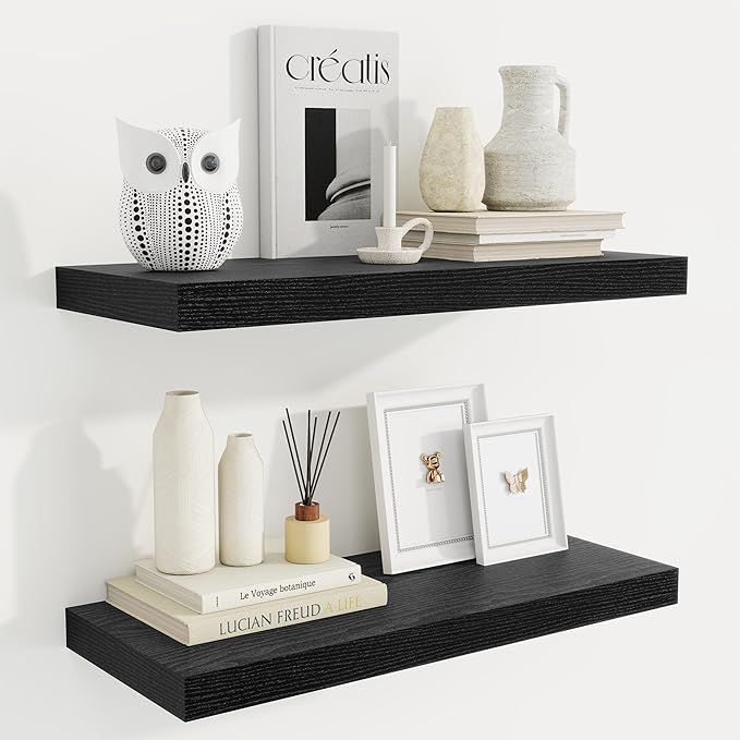 Fun Memories Floating Shelves for Wall, 24 Inch Rustic Wood Wall Mounted Shelves for Bathroom, Bedroom, Living Room, Deep Floating Shelves for Storage & Home Decor (Black, Set of 2)
