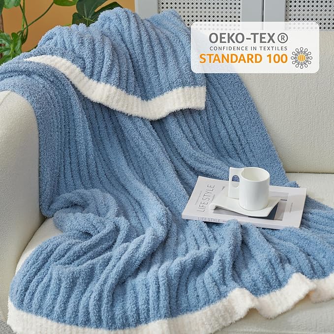 Snuggle Sac Fluffy Ribbed Blue Bedding Blanket Twin Size, Soft Luxurious Knit Fuzzy Plush Microfiber Blankets for Sofa, Bed, Blue, 60x80 inches
