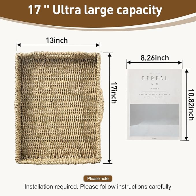 Wicker Scalloped Serving Tray with Handles - Seagrass Handwoven Trays,Water Hyacinth Tray for Home Decor and Living Room, Dining Table, Bathroom Organizing, 16.9" L x 12.9" W x 1.96" H